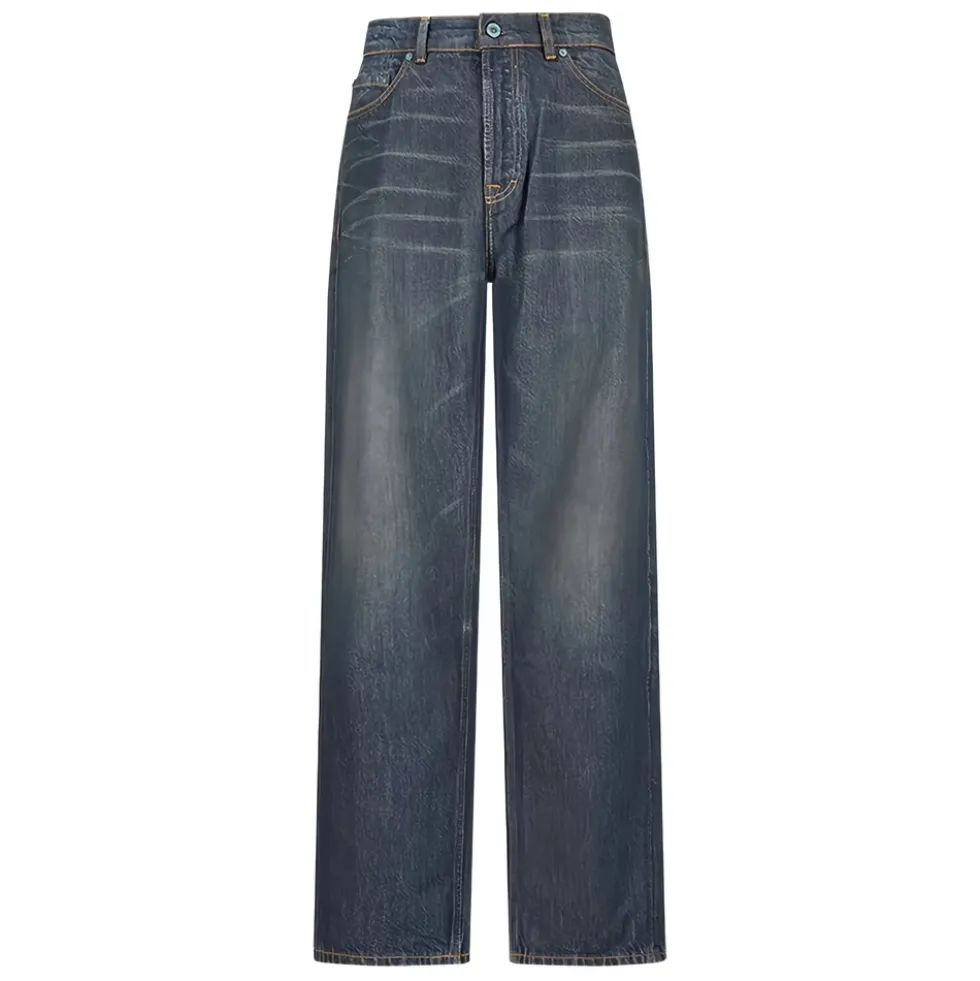 Blå Bomuld Faded Wash Jeans Knap Fly