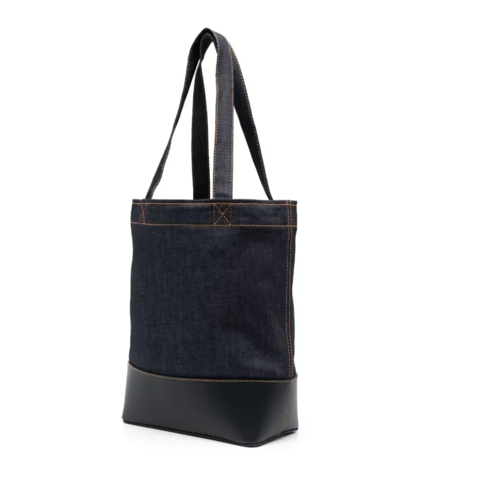 Blå denim tote taske med læderbund