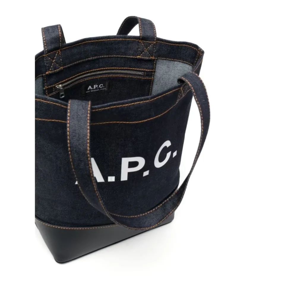 Blå denim tote taske med læderbund