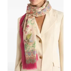 Cashmere-blandet sjal med flora- og fauna-motiv