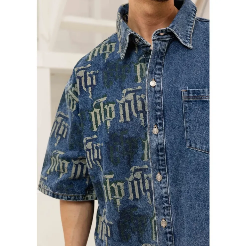 Fraktur Printet Denim Skjorte