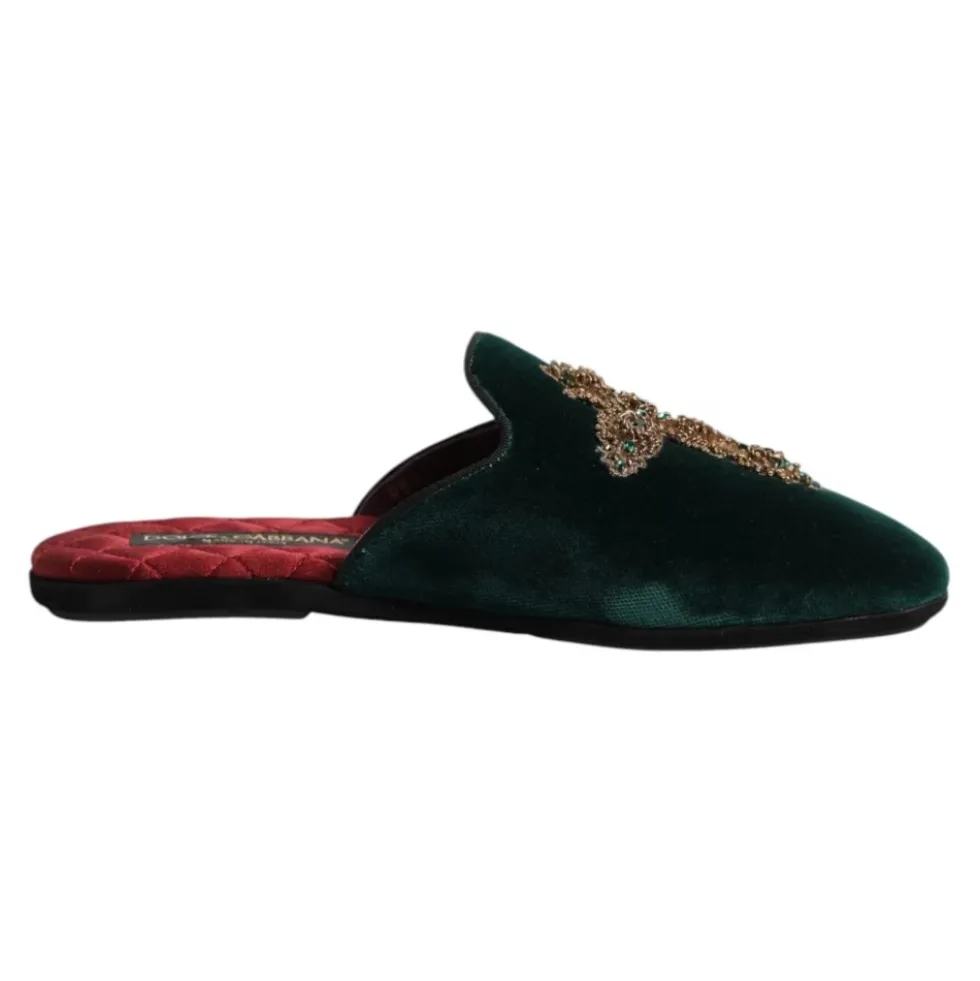 Grøn Velvet Cross Embellished Slippers