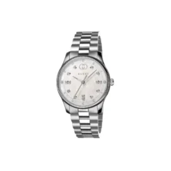G-Timeless 29 mm rustfrit stålkasse, hvid perlemorsskive med og bogstaver, diamantindekser, rustfrit stålarmbånd