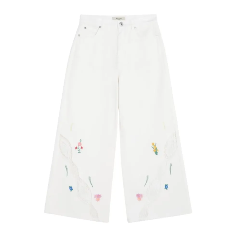 Hvide blomsterbroderede jeans med vide ben