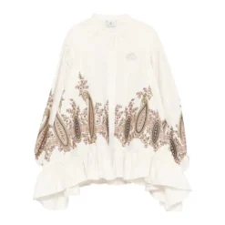Hvid Paisley Print Ruffled Hem Skjorte