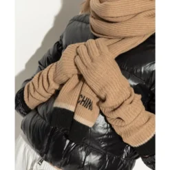 Ribbed Lange Handsker Beige Logo