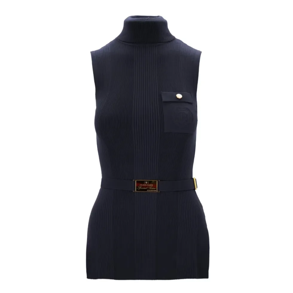 Ribbet ærmeløs turtleneck sweater