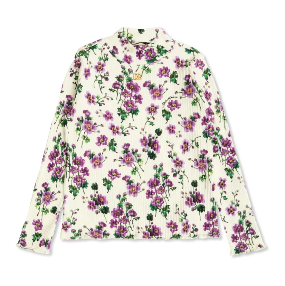 Ribbet top med blomstermotiv