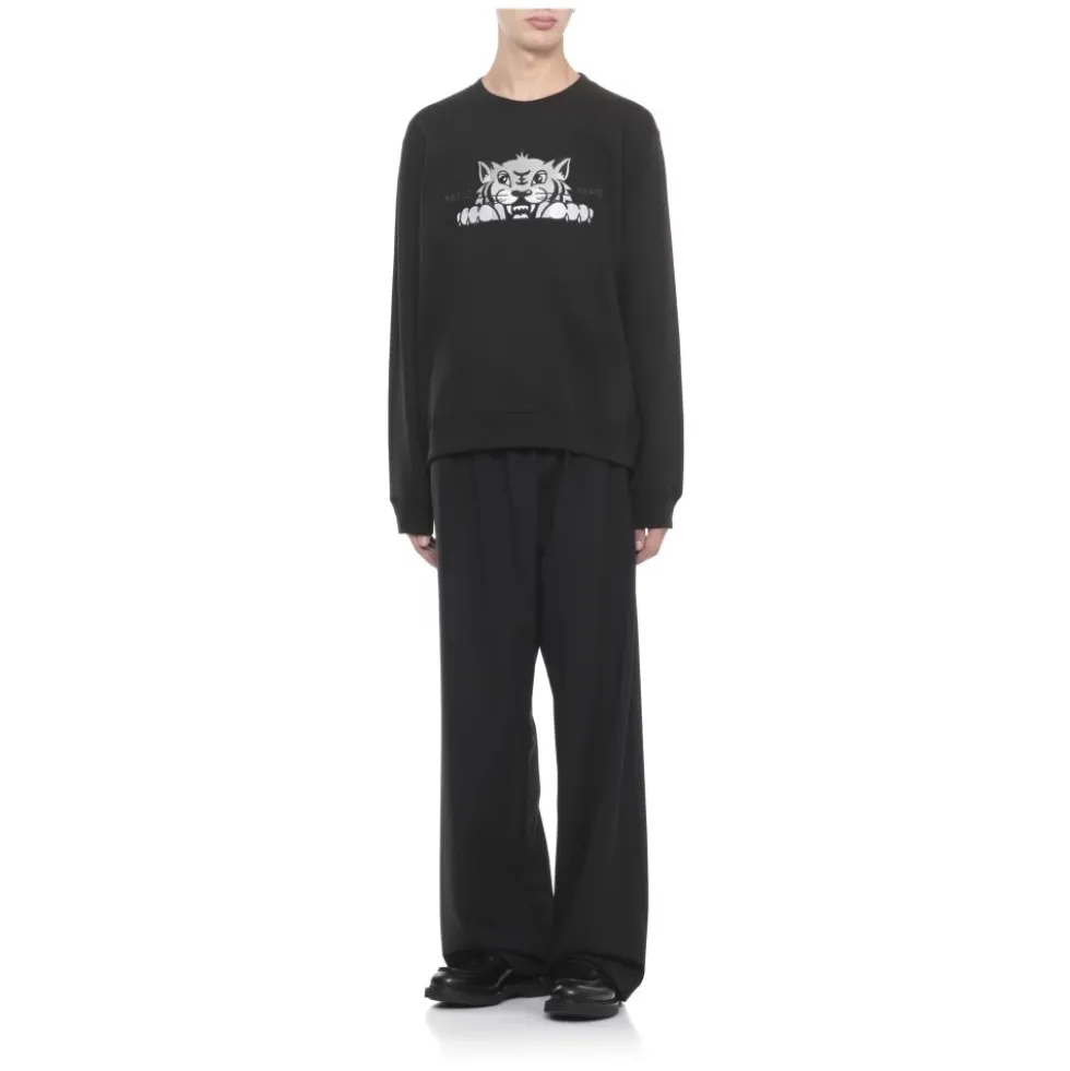 Sort Crewneck Sweatshirt med Tiger Broderi