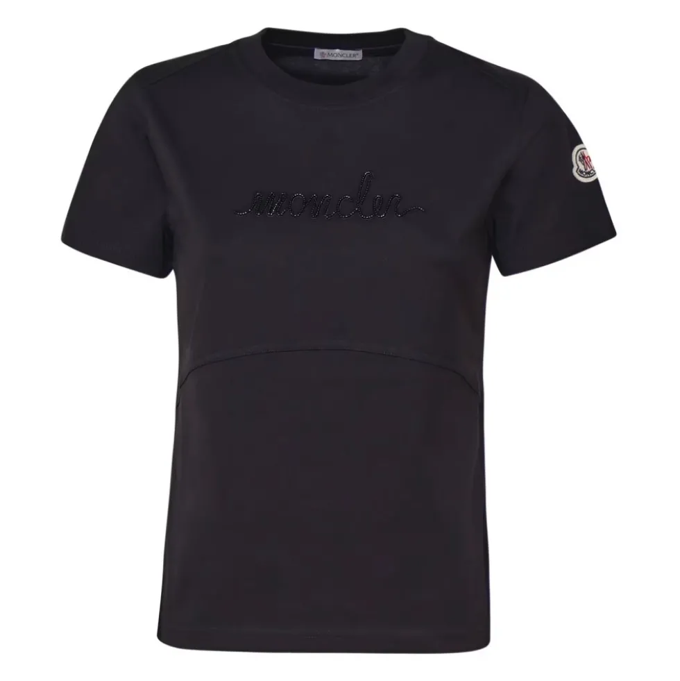 Sort T-shirt i bomuld med perlebesat logo