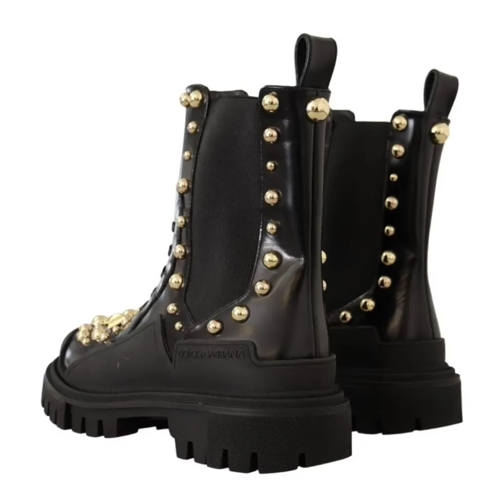 Studded Læder Ankelstøvler med Broderi