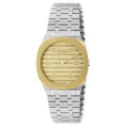 Uomo/Donna - YA163502 - 30mm rustfrit stål og 18k guldbelagt flerlagskasse, gylden messing urskive med Interlocking G-motiv, armbånd i rustfrit stål med fem led