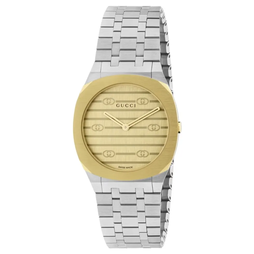 Uomo/Donna - YA163502 - 30mm rustfrit stål og 18k guldbelagt flerlagskasse, gylden messing urskive med Interlocking G-motiv, armbånd i rustfrit stål med fem led