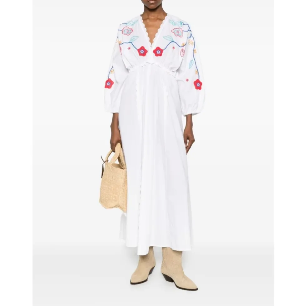 V-neck Broderet Maxikjole