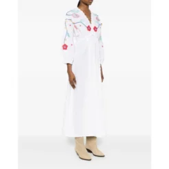 V-neck Broderet Maxikjole