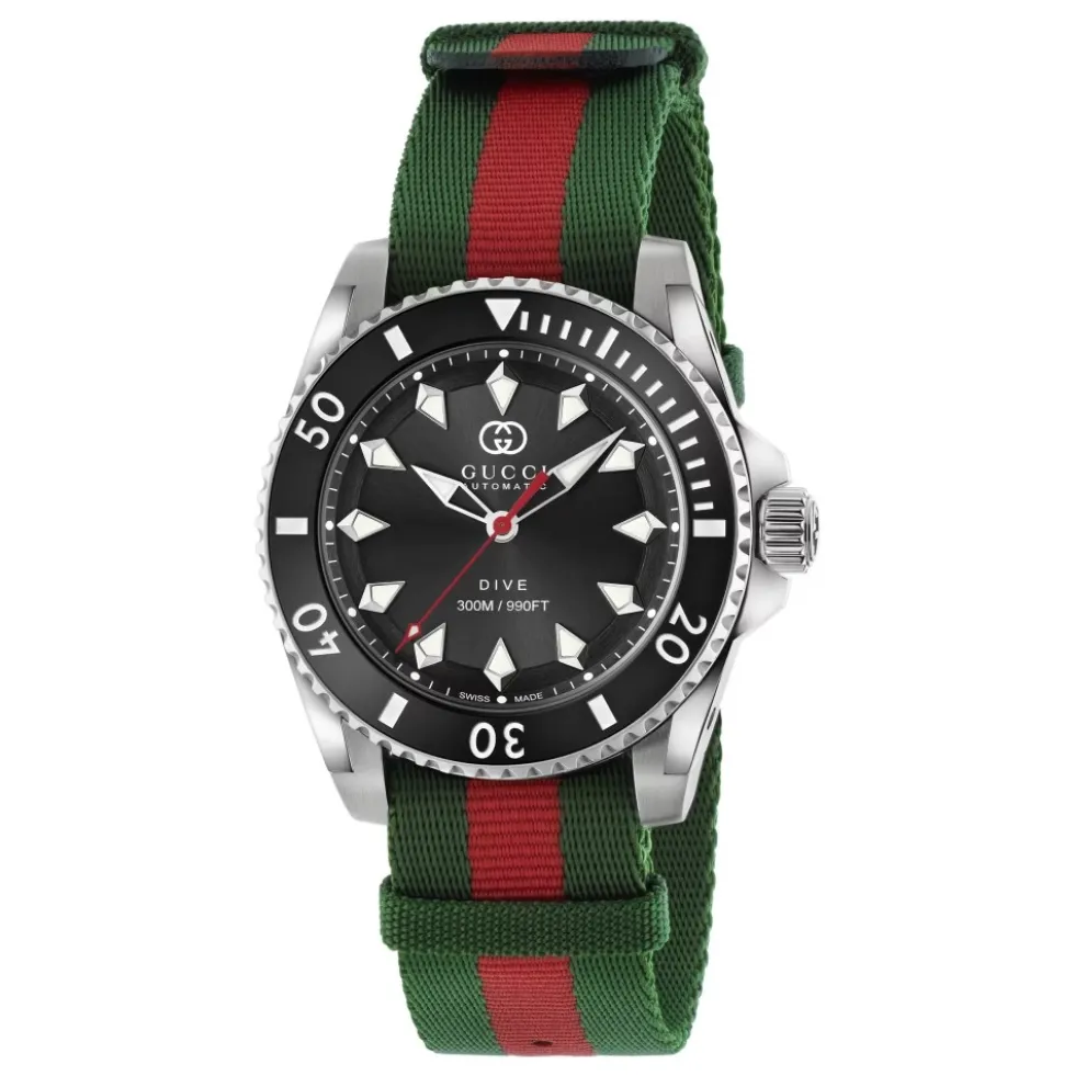YA136364 - Dive 40 mm rustfrit stålkasse, sort urskive, keramisk bezel, nato grøn-rød-grøn rem, selvoptrækkende bevægelse